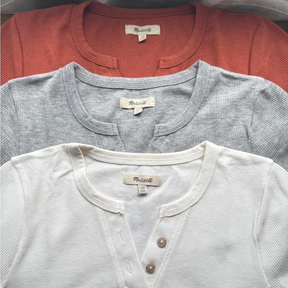 Madewell Henley Trio in White, Gray, and Rust